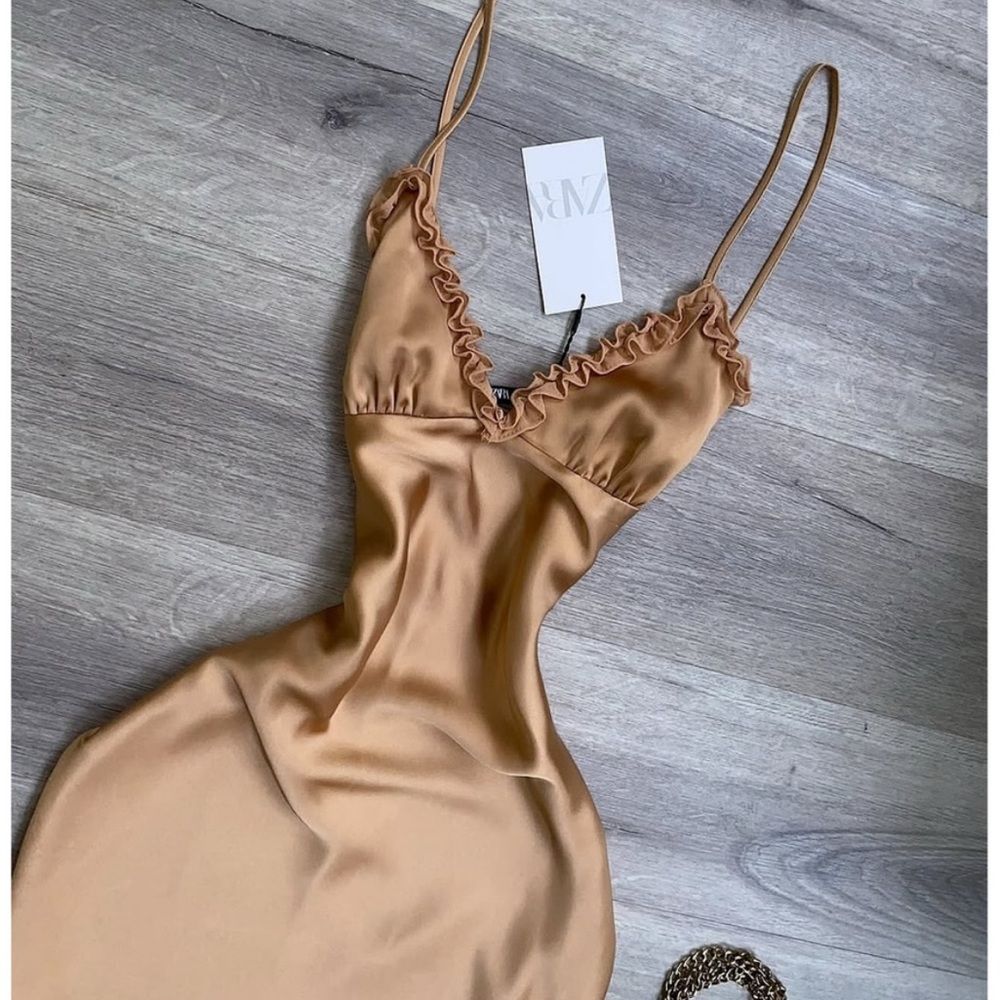ZARA NWT Gold Ochre Satin Effect Midi Dress - Picture 6 of 6